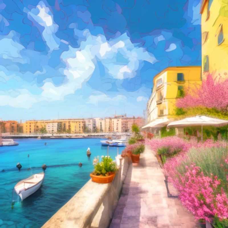 Un voyageur solitaire contemplant la vue panoramique sur la mer Ionienne et les ruines antiques de Tarente, en Italie, lors de son voyage de trois semaines au printemps, en tant que le Voyageur romantique.