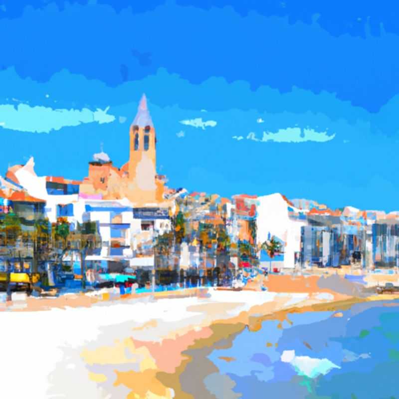 Two couples strolling along the sun-kissed shores of Sitges, Spain, a vibrant coastal town renowned for its stunning beaches, colorful architecture, and lively atmosphere, during their 3-day summer getaway.