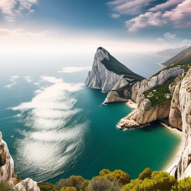 The Adventurer, a solo traveler, stands in awe before the mighty Rock of Gibraltar, a geological wonder that has weathered the tides of history, as they embark on a 3-week exploration of this captivating territory during the vibrant spring season.