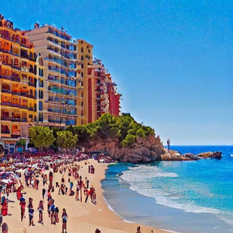 Lloret de Mar, Espagne, ensoleillée au printemps : une plage animée idéale pour les vacances de printemps.