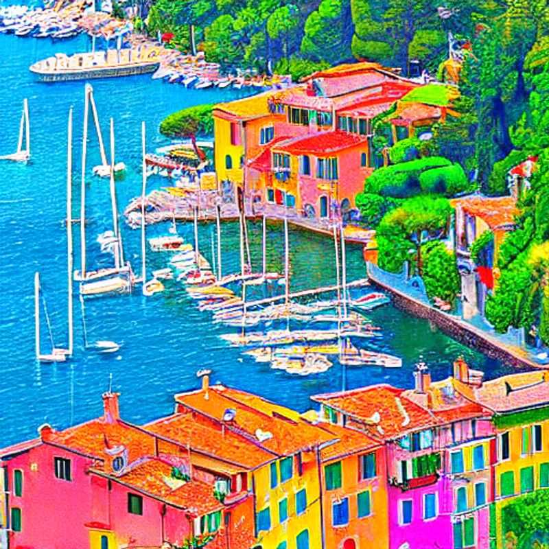 Vue pittoresque du port de Portofino, Italie, baigné par le soleil printanier, avec ses maisons colorées reflétant la douceur méditerranéenne idéale pour les vacances de printemps.