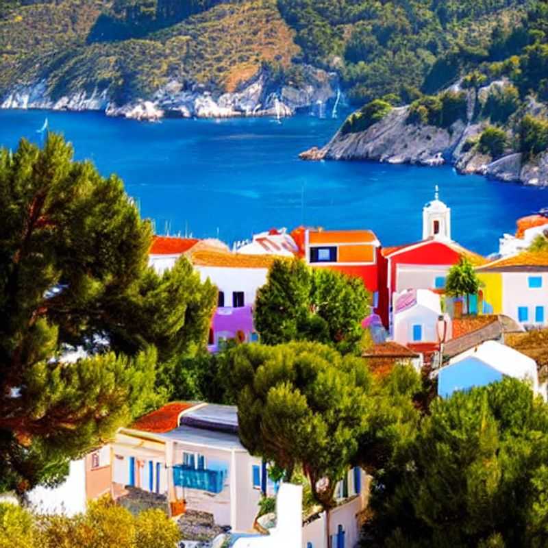 Des vacanciers profitant du soleil printanier sur une plage de Skopelos, Grèce, avec l'église d'Agios Ioannis Kastri perchée au loin - une destination idéale pour une escapade pendant les vacances de printemps !