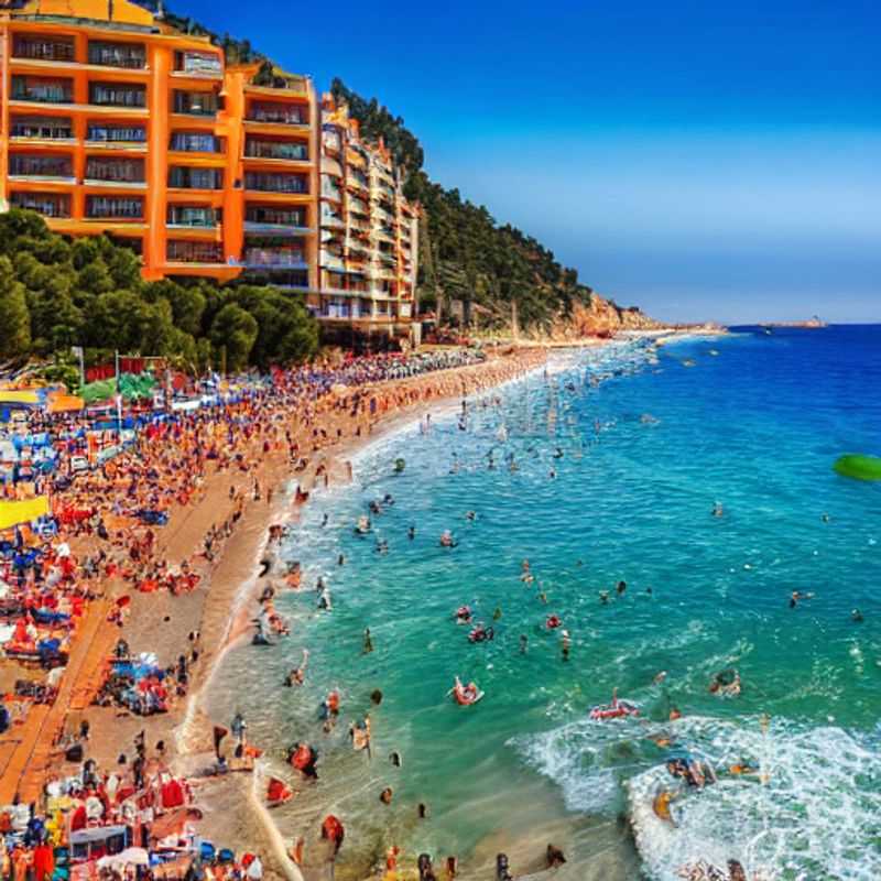 Casais jovens curtindo o sol da primavera e as águas cristalinas de Lloret de Mar, Espanha, durante as férias da primavera. Uma explosão de alegria à beira-mar!