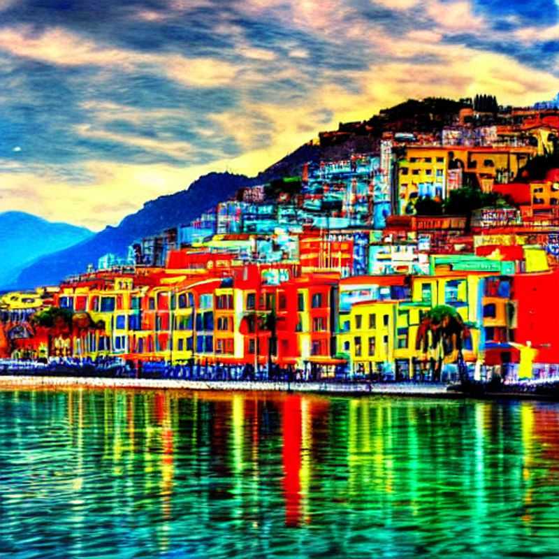 Deux amis se promenant le long de la pittoresque promenade de Salerne, avec la mer Tyrrhénienne scintillante et la ville animée offrant le cadre parfait pour leurs vacances de printemps. (Two friends strolling along Salerno's picturesque promenade, with the shimmering Tyrrhenian Sea and vibrant city providing the perfect backdrop for their spring break.)