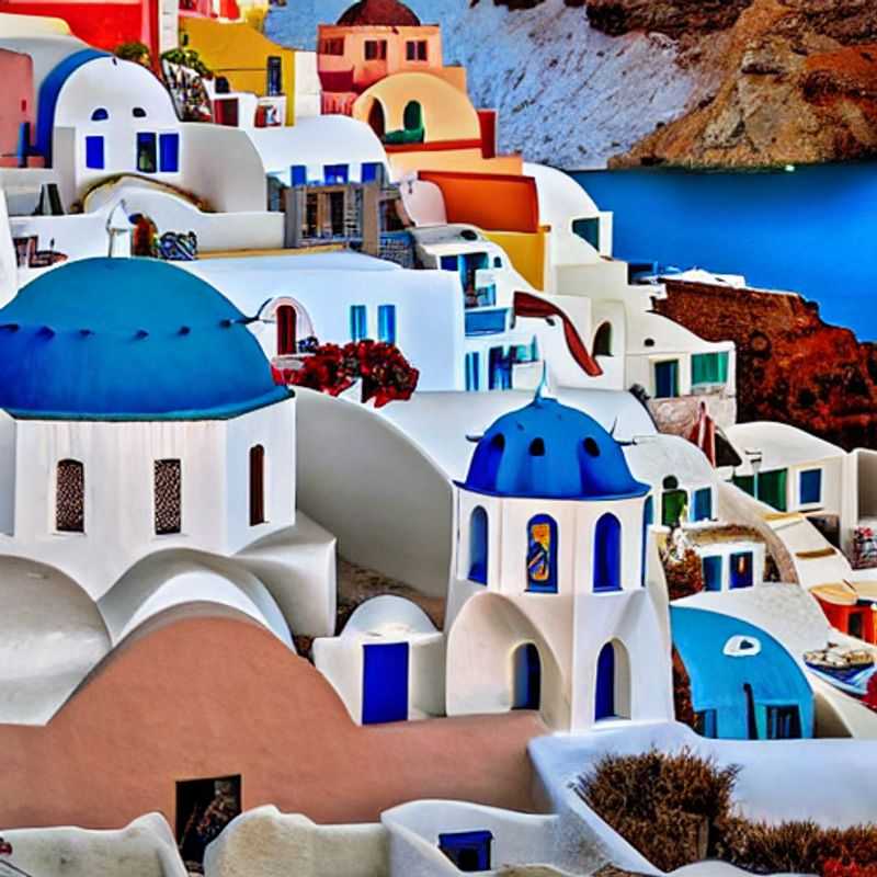 Pareja disfrutando de las vistas espectaculares de Santorini durante su escapada de primavera, con las casas blancas y el mar Egeo brillante como telón de fondo perfecto. (Couple enjoying the spectacular views of Santorini during their spring break getaway, with the white houses and the shimmering Aegean Sea as the perfect backdrop.)