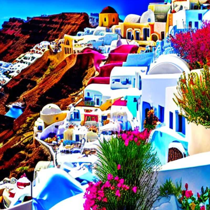 Casais apaixonados testemunhando o pôr do sol deslumbrante de Santorini, com as casas brancas e o mar Egeu cintilante como pano de fundo perfeito para uma escapadela inesquecível na primavera. (Or: Casais aproveitando o cenário idílico de Santorini durante as férias da primavera: casinhas brancas em contraste com o azul profundo do mar Egeu.)