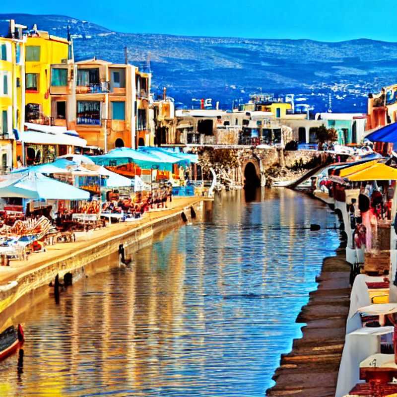 Deux amis explorant le charme printanier de Réthymnon, Grèce, avec ses ruelles fleuries et son port vénitien pittoresque, une destination idéale pour les vacances de printemps!