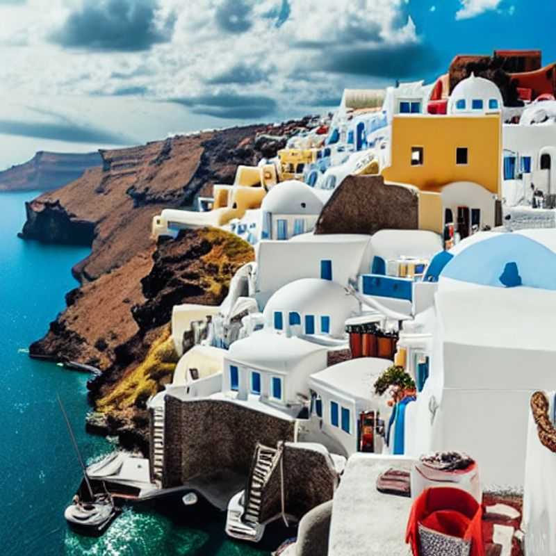 Casais brindando com taças de vinho branco local, com a icônica paisagem de Santorini banhada pelo sol da primavera e suas casas brancas cintilantes ao fundo, desfrutando de um momento perfeito nas férias de primavera.