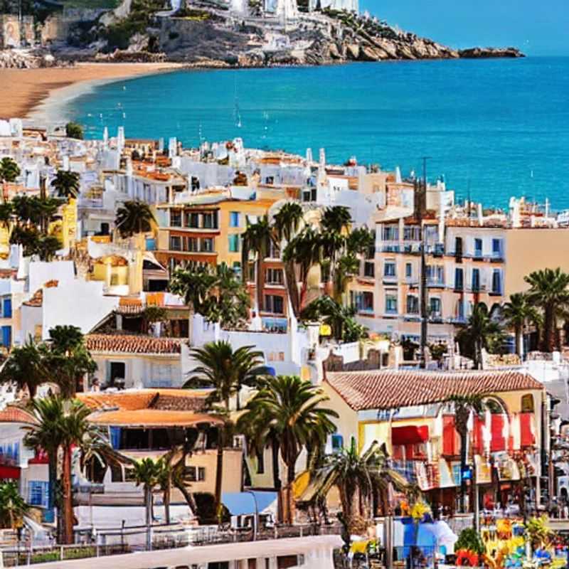 Two friends soaking up the Mediterranean sun on a vibrant Sitges beach during spring break, the turquoise waters sparkling behind them.