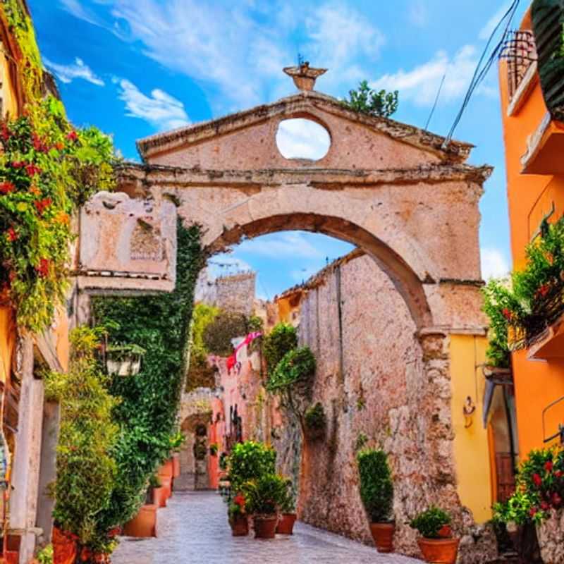 Deux amoureux se tenant main dans la main, admirant la vue imprenable sur Taormina, Italie, au printemps, avec les eaux bleu azur de la mer Méditerranée en arrière-plan.