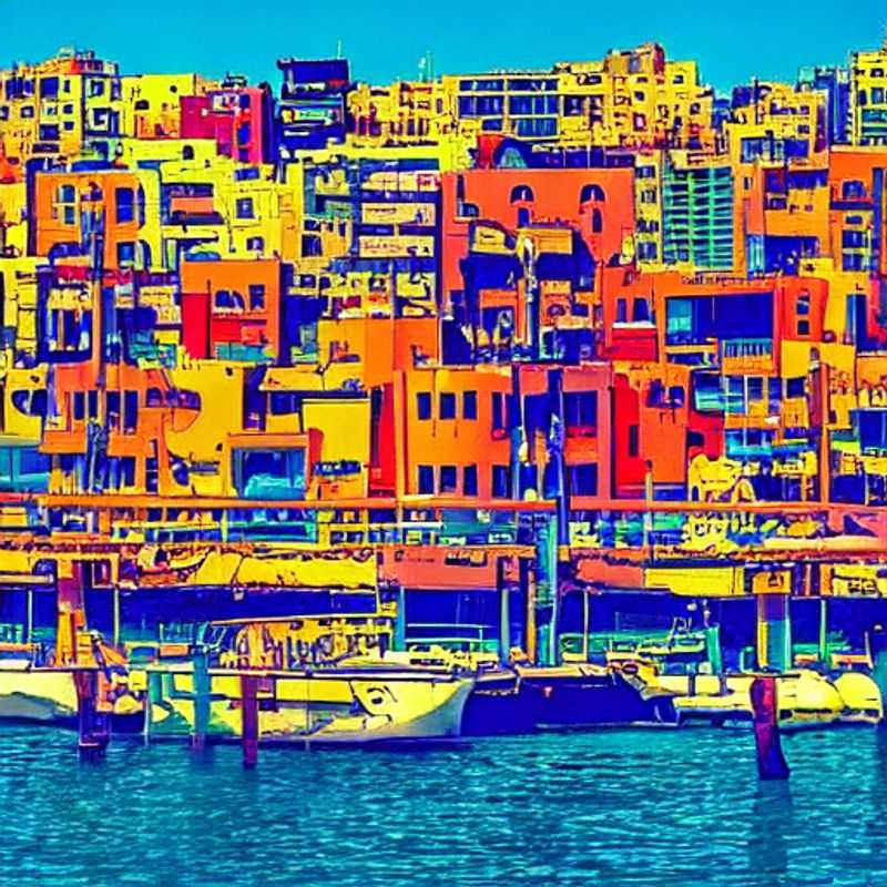 Casal admirando a vista vibrante do antigo porto de Jaffa, Israel, iluminado pelo sol da primavera, durante as férias da primavera. (Couple admiring the vibrant view of the old port of Jaffa, Israel, illuminated by the spring sun, during spring break.)