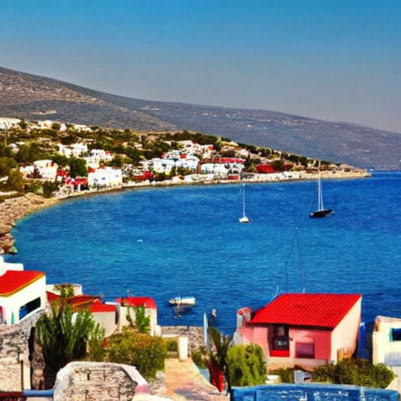 Casais aproveitando o sol da primavera em Bodrum, Turquia, com o azul turquesa do Mar Egeu e as casas brancas pitorescas criando um cenário perfeito para as férias da primavera.
