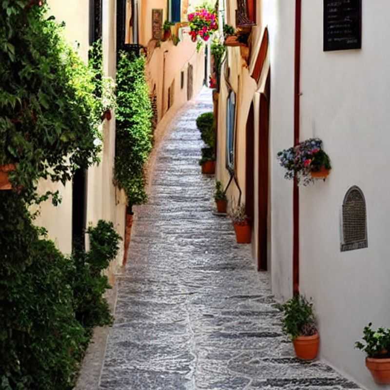 Deux personnes se promenant dans les rues pavées de Taormina, Italie, pendant les vacances de printemps, sous un ciel ensoleillé et des fleurs colorées en fleurs.