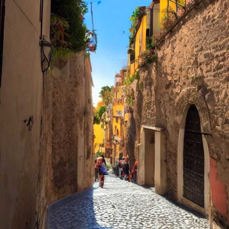 Deux personnes se promenant dans les rues pavées de Taormina, Italie, pendant les vacances de printemps, sous un ciel ensoleillé et des fleurs colorées en fleurs.