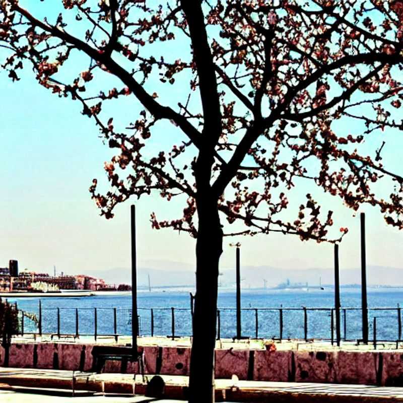 Deux amies explorant les charmes printaniers de Thessalonique, Grèce, avec la mer Égée scintillante en toile de fond, parfait pour une escapade pendant les vacances de printemps!
