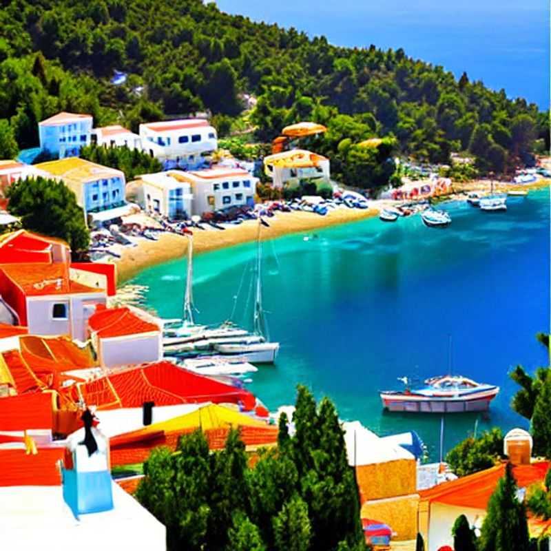 Des vacanciers profitant du soleil printanier sur une plage de Skopelos, Grèce. Imaginez-vous ici pendant votre pause du printemps ! (Vacationers enjoying the spring sunshine on a beach in Skopelos, Greece. Imagine yourself here during your spring break!)