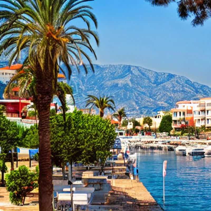 Deux amis explorant le front de mer animé de Kalamata, avec le soleil printanier grec baignant la ville d'une lumière dorée, une promesse d'aventures inoubliables pendant les vacances de printemps.