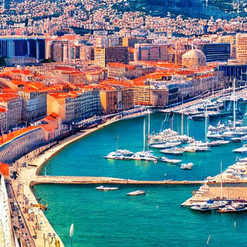 Vibrant harbor scene of Marseille, France, alive with springtime energy; sailboats bobbing against the backdrop of historic buildings, perfect for a spring break adventure.