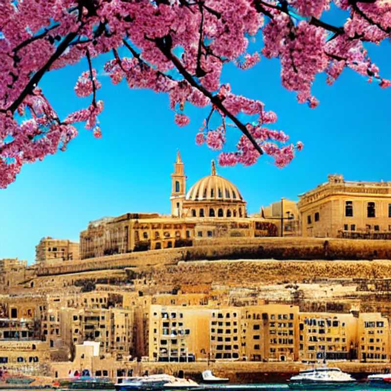 Exploring the vibrant springtime beauty of Valletta, Malta: Colorful balconies and blooming flowers line the ancient streets, offering a captivating glimpse into the city's charm during spring break.