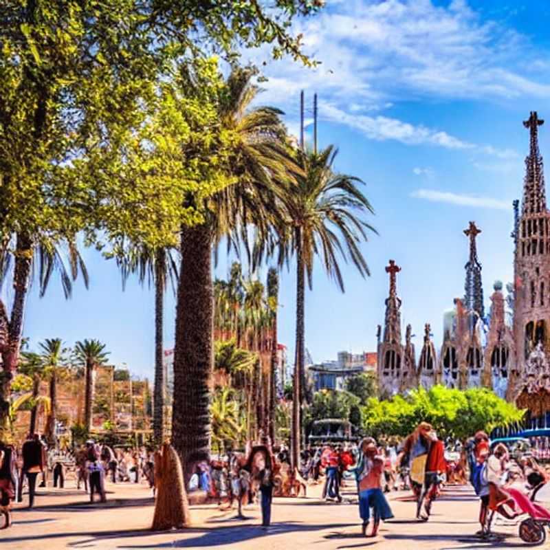 Casal aproveitando o sol da primavera em Barcelona, com a Sagrada Família ao fundo, um paraíso de arquitetura e cultura para curtir nas férias da primavera!