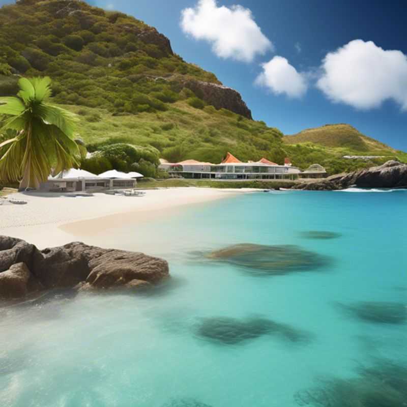 Explorador cultural de lujo disfrutando de las playas de arena blanca y aguas turquesas en St. Barts, Caribe, durante su viaje de dos semanas en invierno.