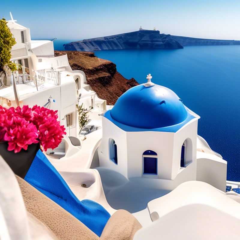 Voyageur solitaire admirant les maisons blanches emblématiques de Santorin, Grèce, sous un ciel d'hiver, lors d'une semaine d'exploration luxueuse en tant que voyageur sur les réseaux sociaux.
