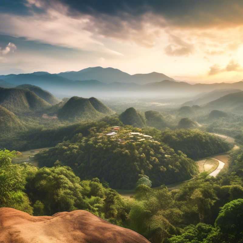 Deux couples éco-touristes de luxe admirant la beauté naturelle de Pai, Thaïlande, lors de leur semaine de printemps, entourés de rizières verdoyantes et de montagnes majestueuses.