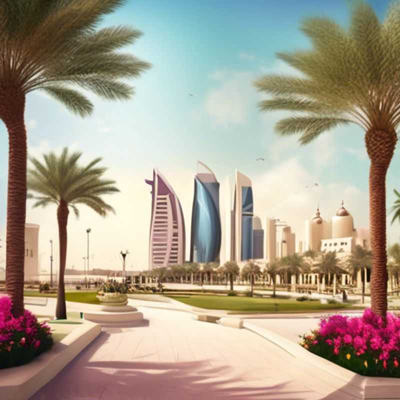 Três casais explorando a vibrante cidade de Doha, Catar, durante uma viagem de 5 dias na primavera, cercados por arquitetura moderna e cultura rica.