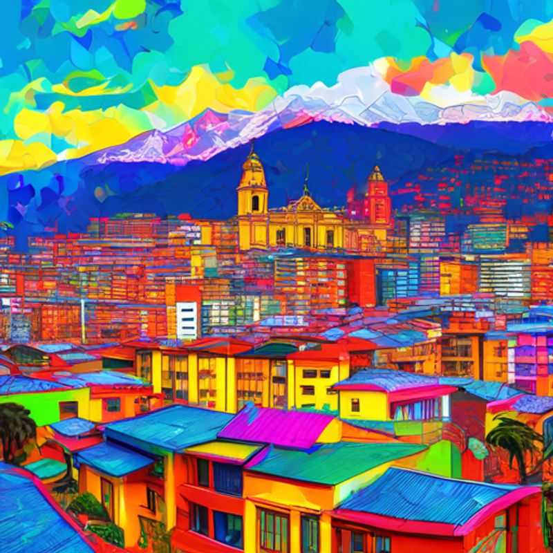 Un voyageur d'affaires de luxe explorant les rues vibrantes de Bogotá, Colombie, pendant son escapade hivernale de 5 jours, entouré de culture et de paysages pittoresques.