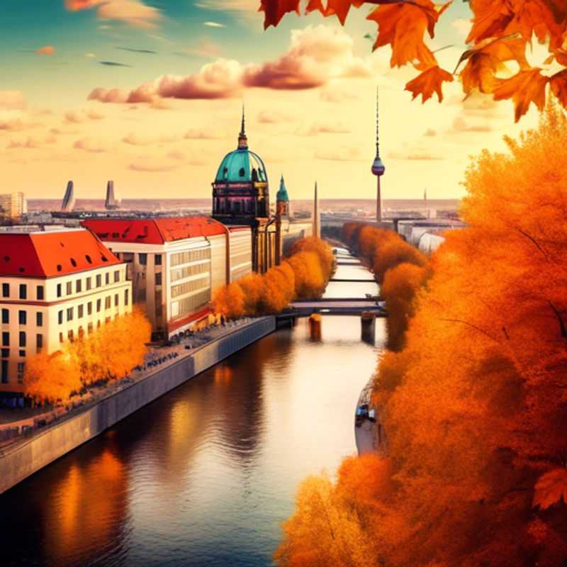 Un couple en train d'explorer les rues vibrantes de Berlin, Allemagne, lors de leur escapade de deux semaines en automne, entourés de feuilles colorées et de l'architecture historique.