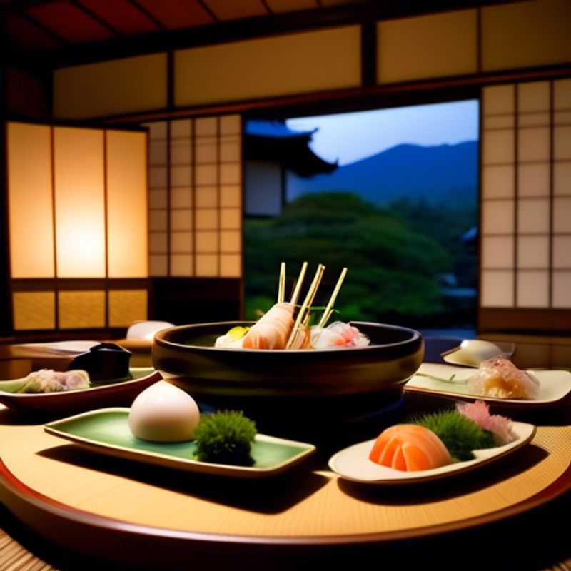 Three couples savoring exquisite traditional Japanese cuisine at a cozy, elegant restaurant in Kyoto, Japan, during their luxurious two-week winter culinary adventure.