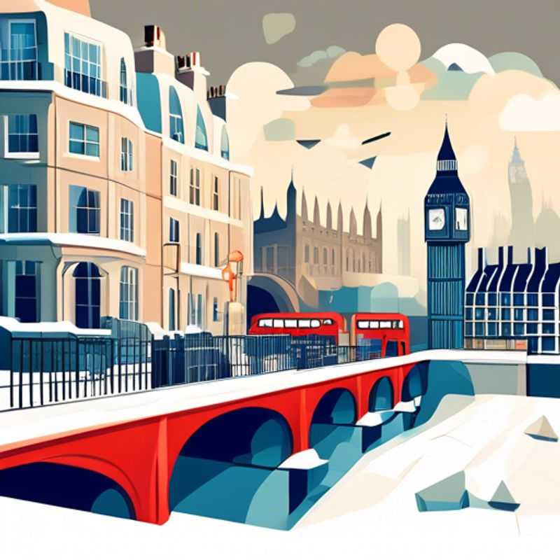 Un viajero solitario explorando la icónica arquitectura de Londres bajo un cielo invernal. La ciudad brilla con una magia especial, con el Big Ben y el London Eye cubiertos de nieve.