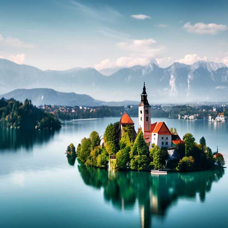 O Lago Bled, na Eslovênia, com seus Alpes cobertos de neve e o charmoso castelo no topo da ilha, cenário perfeito para um viajante solo em busca de uma coolcation de luxo.