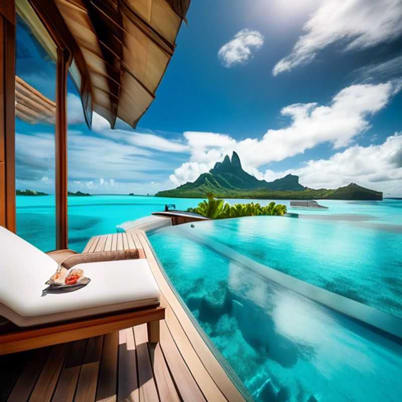 A serene view of a luxurious overwater bungalow in Bora Bora, French Polynesia, surrounded by turquoise waters and lush greenery, capturing the essence of tranquility for a solo luxury wellness traveler on a rejuvenating 5-day spring retreat.