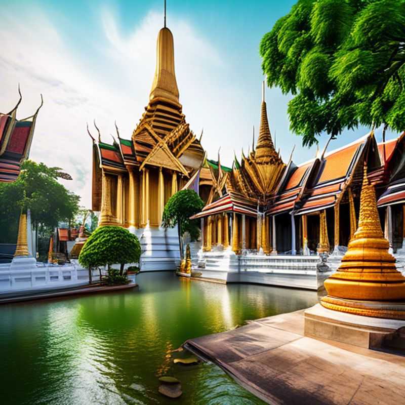 A luxurious couple exploring the vibrant streets of Bangkok, Thailand, basking in the warm winter sun, surrounded by ornate temples and bustling markets during their 4-day adventure.