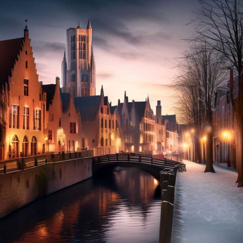 Un viajero solitario disfrutando de la mágica atmósfera invernal de Brujas, Bélgica, con sus canales congelados y arquitectura medieval, durante su escapada de 3 semanas como el Viajero de Lujo de Fin de Semana.
