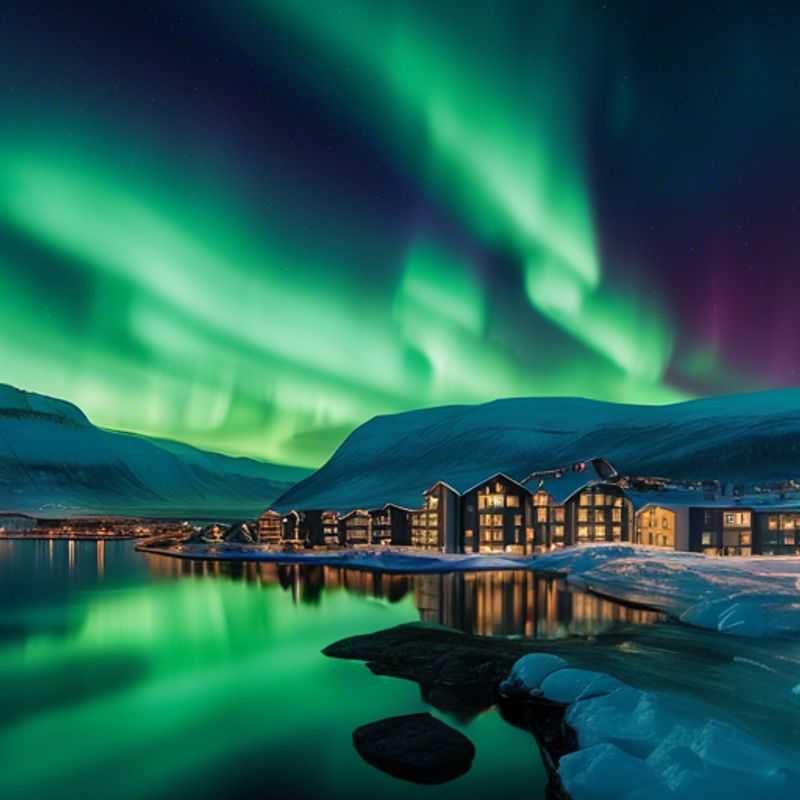 Three couples, The Luxury Business Travelers, stand awestruck beneath the Northern Lights in Tromsø, Norway, a breathtaking display of nature's artistry during their 3-day coolcation.