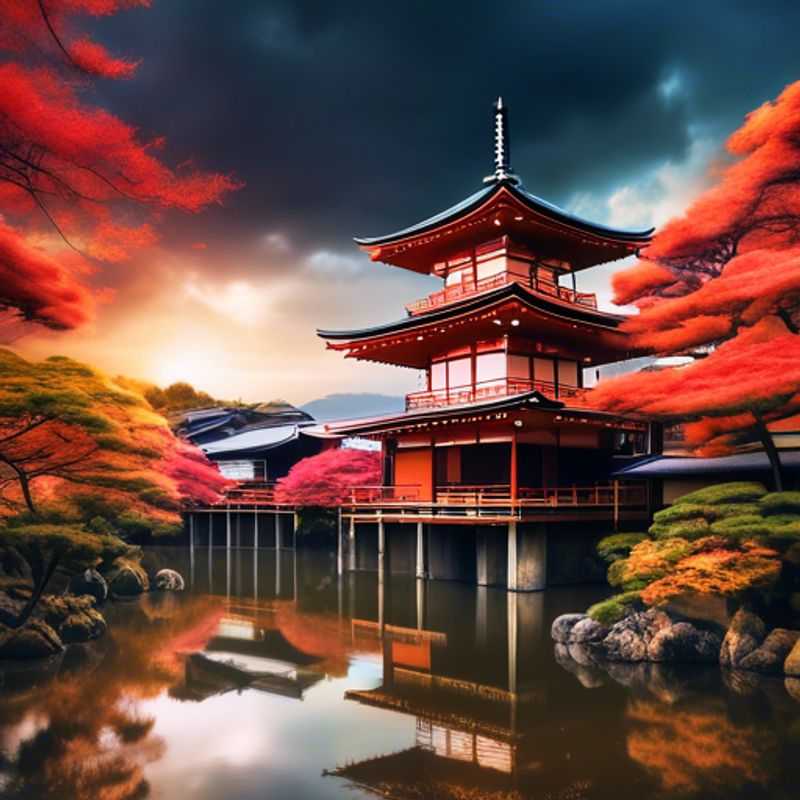 Un voyageur solitaire explorant la sérénité des jardins de Kyoto, Japon, entouré des couleurs vibrantes de l'automne lors de son séjour de 4 jours axé sur le bien-être.
