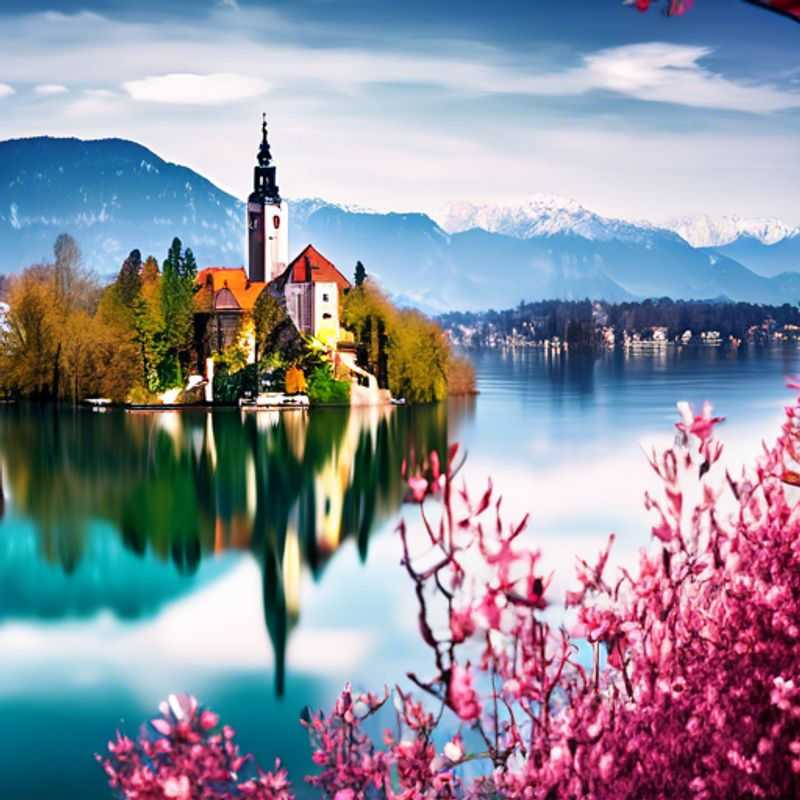 O Lago Bled, na Eslovênia, com seus Alpes cobertos de neve e o charmoso castelo no topo da ilha, cenário perfeito para um viajante solo em busca de uma coolcation de luxo.