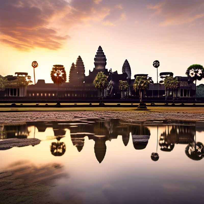 Three couples exploring the majestic Angkor Wat temple at sunrise, surrounded by vibrant greenery, during their luxurious 4-day spring getaway in Siem Reap, Cambodia.
