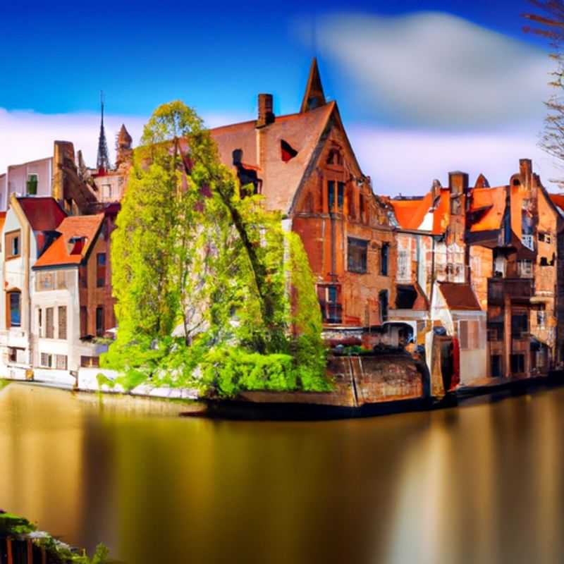 Um casal passeando pelas encantadoras ruas de Bruges, Bélgica, durante sua viagem de três dias na primavera, apreciando a arquitetura medieval e os canais pitorescos.