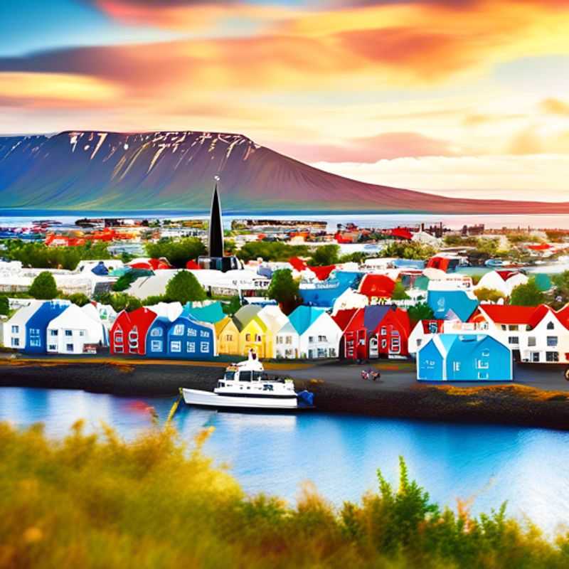Dos parejas disfrutando de la vibrante ciudad de Reikiavik, Islandia, durante su escapada de una semana en verano, rodeados de paisajes naturales impresionantes y experiencias eco-amigables.
