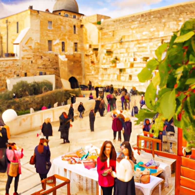 Dois casais caminhando de mãos dadas pelo vibrante mercado Mahane Yehuda em Jerusalém, Israel, durante sua viagem de duas semanas na primavera. Eles estão imersos nas cores, aromas e sons da cultura local, vivenciando a cidade além dos tradicionais pontos turísticos.
