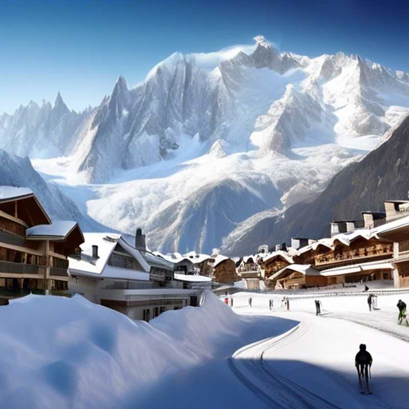 Dos parejas ejecutivas disfrutando de un día de invierno en Chamonix, Francia. Las majestuosas montañas nevadas, un telón de fondo para una escapada de lujo y aventura en los Alpes franceses.