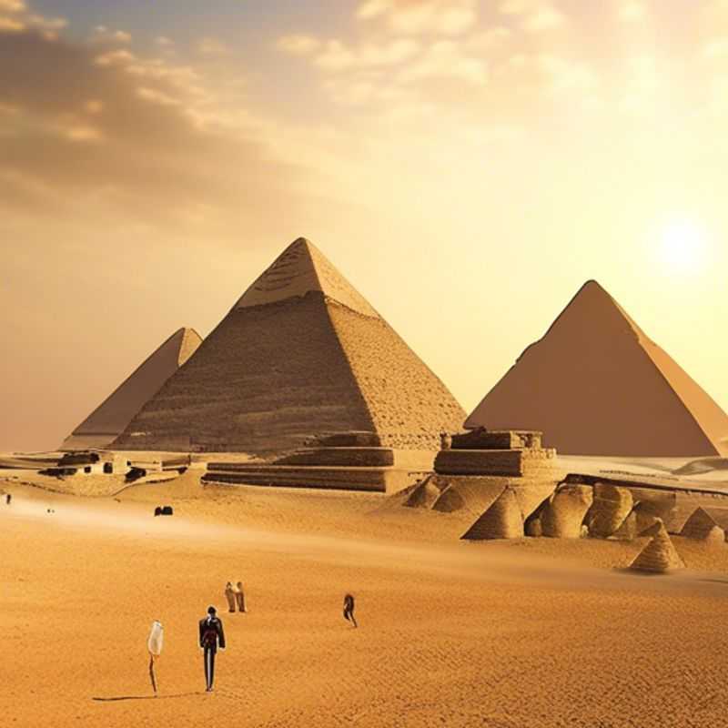 Un voyageur solitaire explorant les merveilles de la ville du Caire, en Égypte, entouré de pyramides majestueuses et de marchés vibrants, lors de son aventure de trois semaines au printemps en tant qu'éco-touriste de luxe.