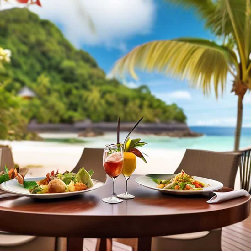 Un voyageur solo, amateur de gastronomie raffinée, savoure un délicieux repas face à l'océan turquoise des Seychelles, le paradis tropical.