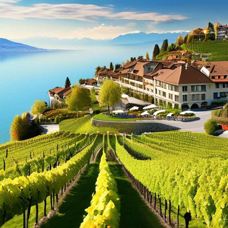 A solo luxury traveler exploring the picturesque lakeside city of Lausanne, Switzerland, surrounded by vibrant summer blooms and stunning views of Lake Geneva during a two-week adventure.
