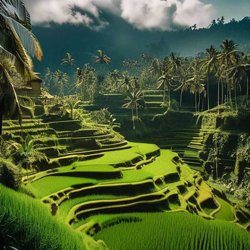 Un couple luxueux éco-touriste explorant les rizières verdoyantes d'Ubud, en Indonésie, pendant leur séjour hivernal de deux semaines, entouré de la beauté naturelle et de la culture vibrante de la région.