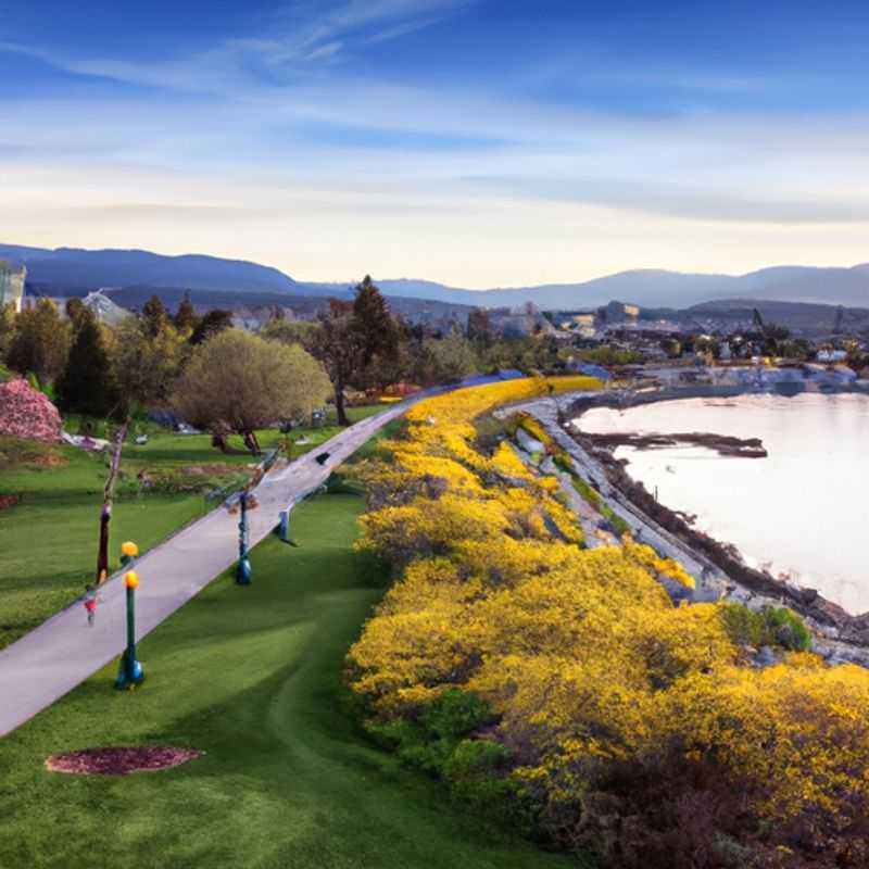 Dois casais em meio à vibrante folhagem outonal de Vancouver, Canadá, durante sua escapada de 5 dias no outono, admirando a deslumbrante paisagem urbana e as montanhas costeiras.