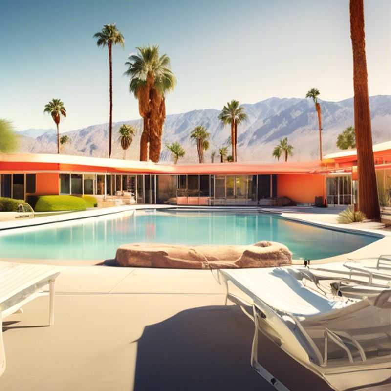 Three couples basking in the vibrant spring sunshine by the stunning poolside of a luxurious Palm Springs resort, surrounded by lush palm trees and picturesque desert landscapes during their week-long cultural exploration.
